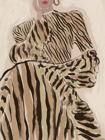 Illustration einer Frau in einem gestreiften Kleid auf beigem Hintergrund.