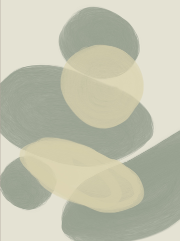 Grafik mit abstrakten Formen in Gelb und Grün auf hellem Hintergrund.