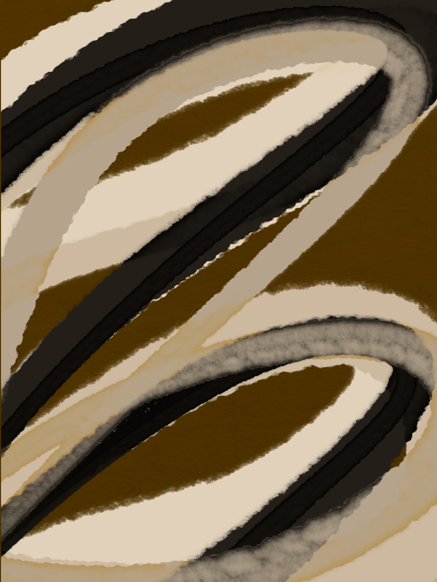 Abstrakte Kunst mit geschwungenen Linien in Beige und Schwarz auf braunem Hintergrund.