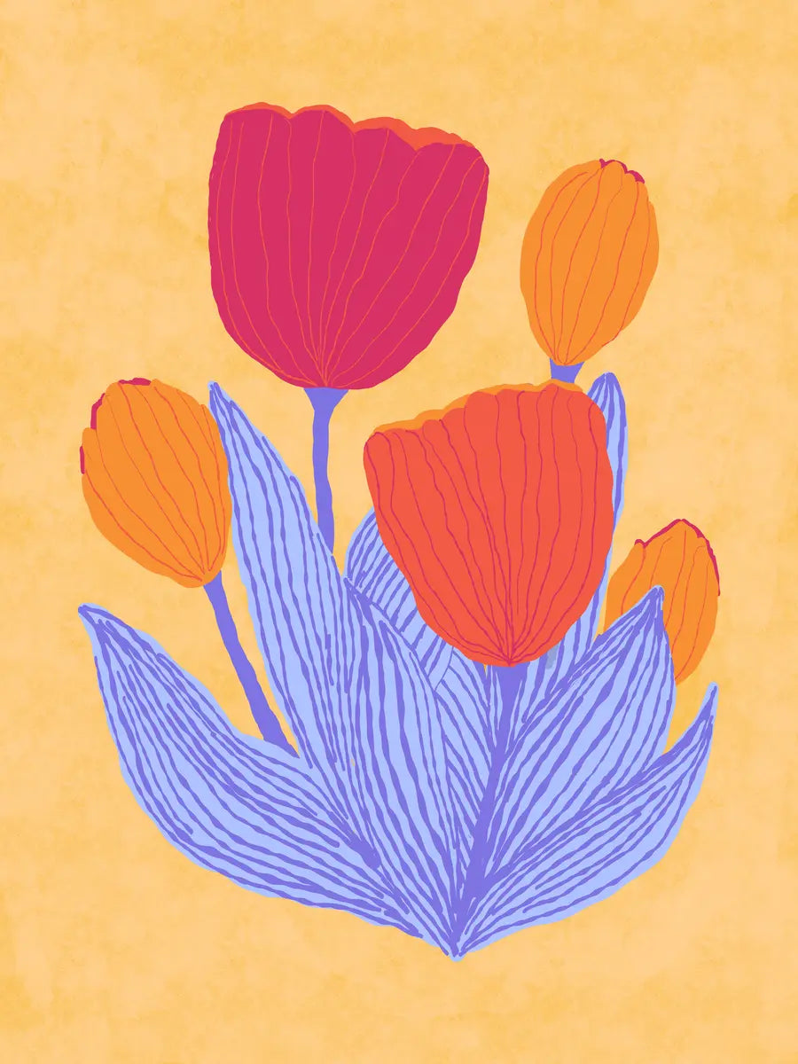 Eine abstrakte Illustration von roten und orangen Tulpen mit blauen Blättern auf gelbem Grund.