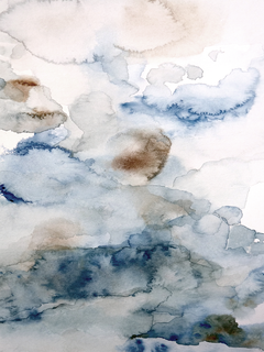 Aquarell mit abstrakten Formen in Blau und Braun.
