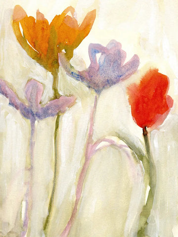 Ein abstraktes Aquarellgemälde mit Tulpen in Orange Lila und Rot auf hellem Grund.