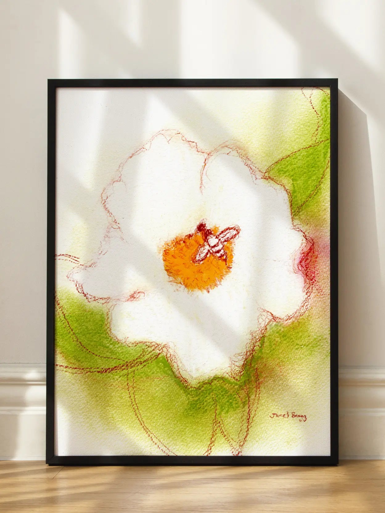 Abstract White Flower And Bee Poster
