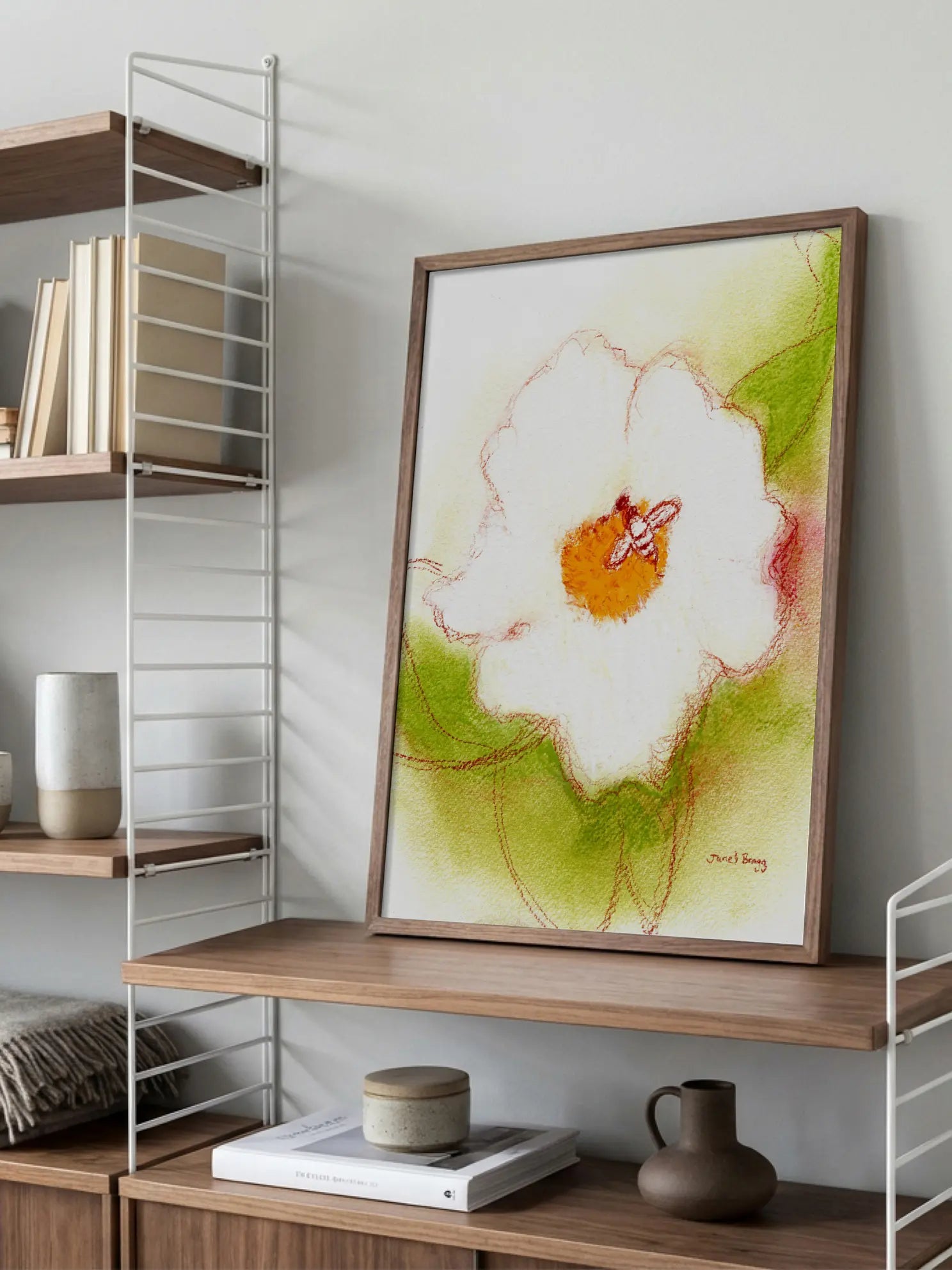 Abstract White Flower And Bee Poster