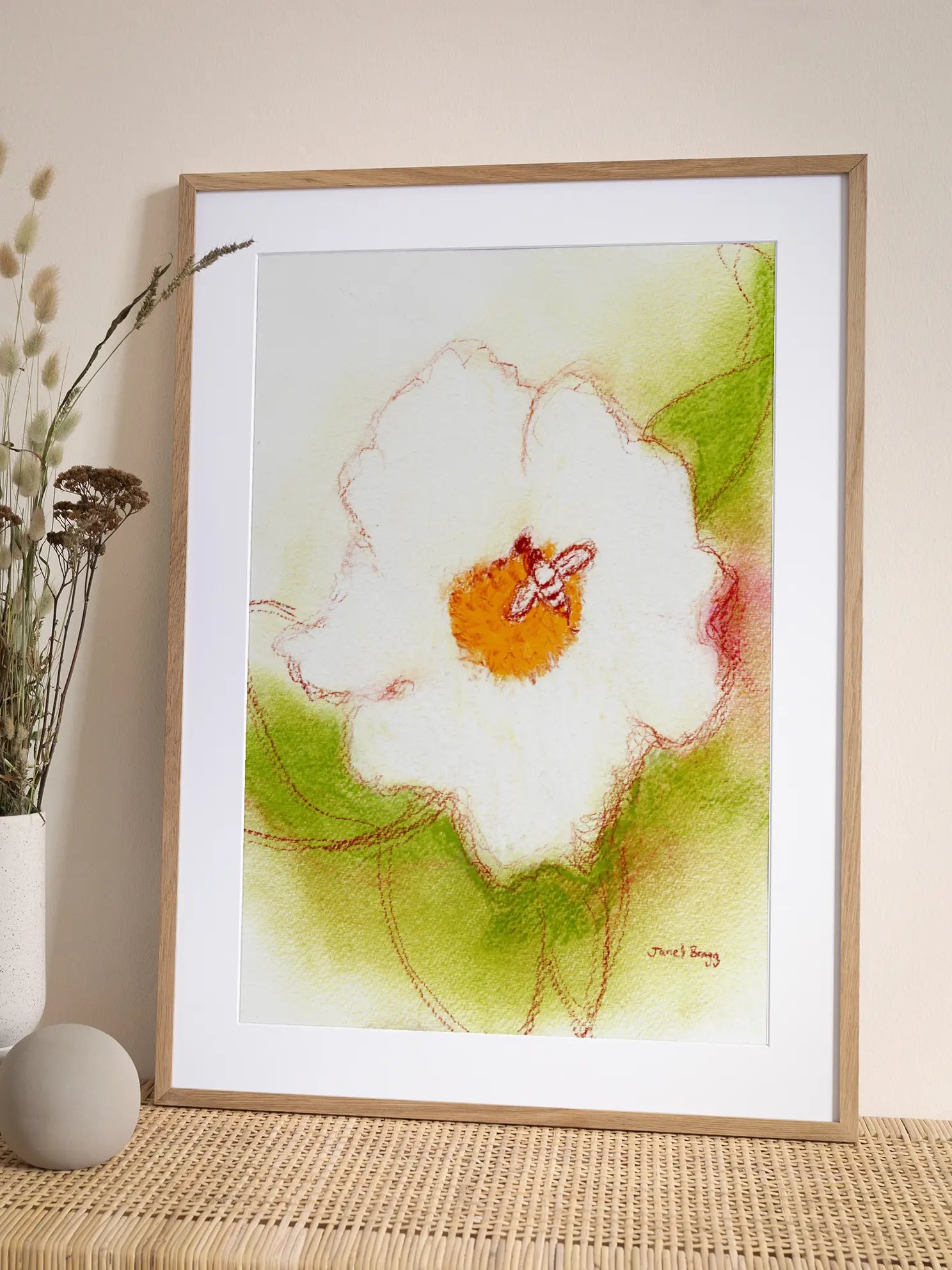Abstract White Flower And Bee Poster
