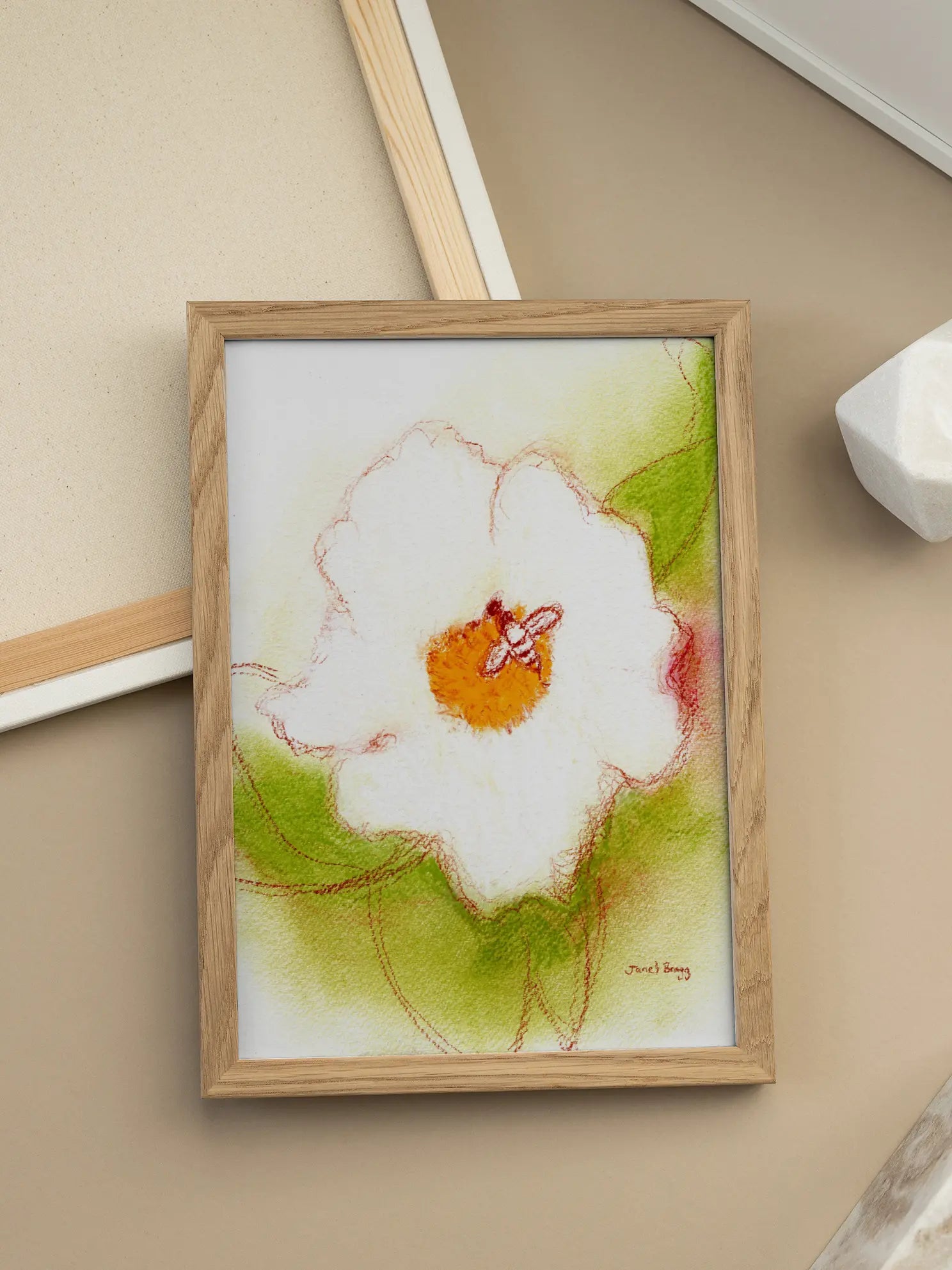 Abstract White Flower And Bee Poster