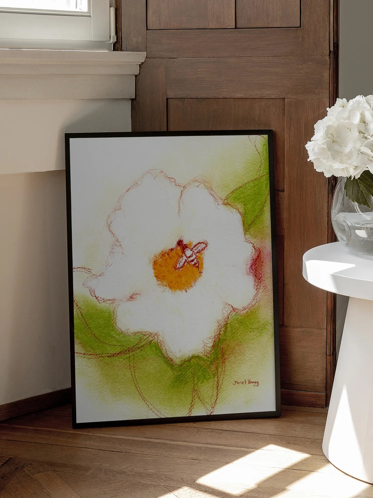 Abstract White Flower And Bee Poster