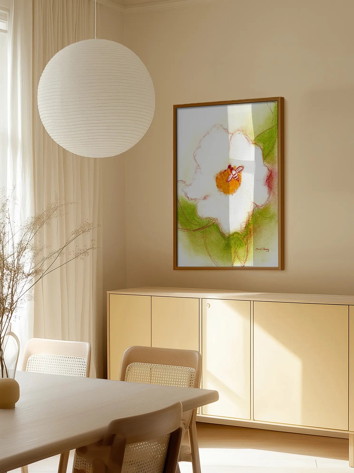 Abstract White Flower And Bee Poster