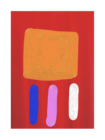 Abstraktes Poster mit rotem Hintergrund und rechteckigen Formen in Orange, Blau, Rosa und Weiß.