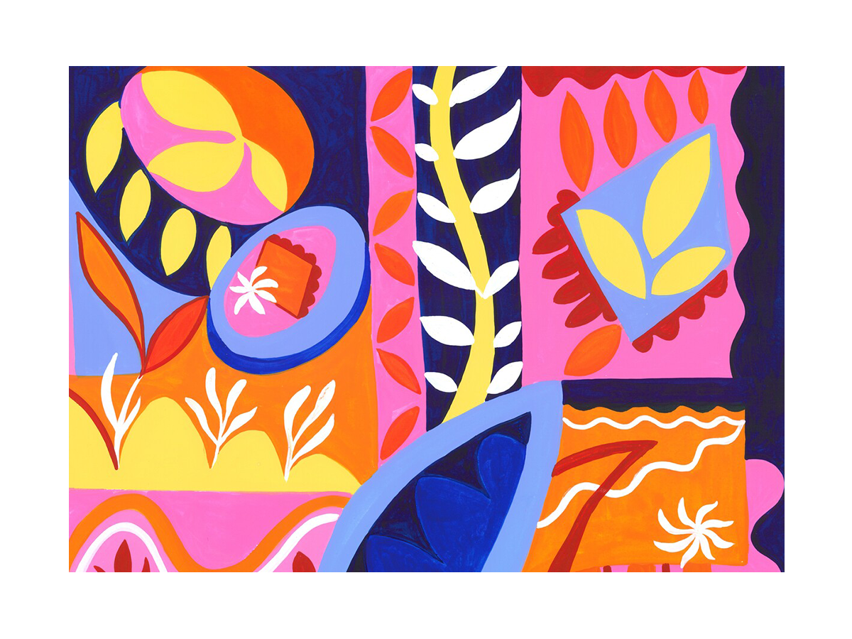 Abstrakte Illustration mit bunten Formen und Blättern in Pink, Blau, Orange und Gelb.