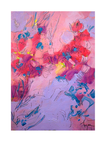 Abstraktes Acrylgemälde eines Blumenstraußes auf rosa Hintergrund.