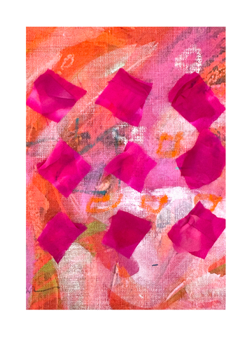 Abstraktes Grafikposter mit orangefarbenem Hintergrund und pinken, fuchsiafarbenen Quadraten.