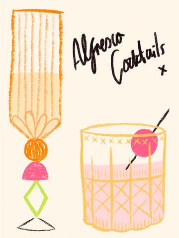 Illustration von zwei Cocktails mit dem Text "Alfresco Cocktails".