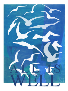 Weiße Vögel auf blauem Hintergrund mit dem Text "All is well".