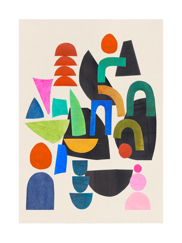 Abstrakte Collage aus bunten geometrischen Formen in Blau, Rot, Grün und anderen Farben.