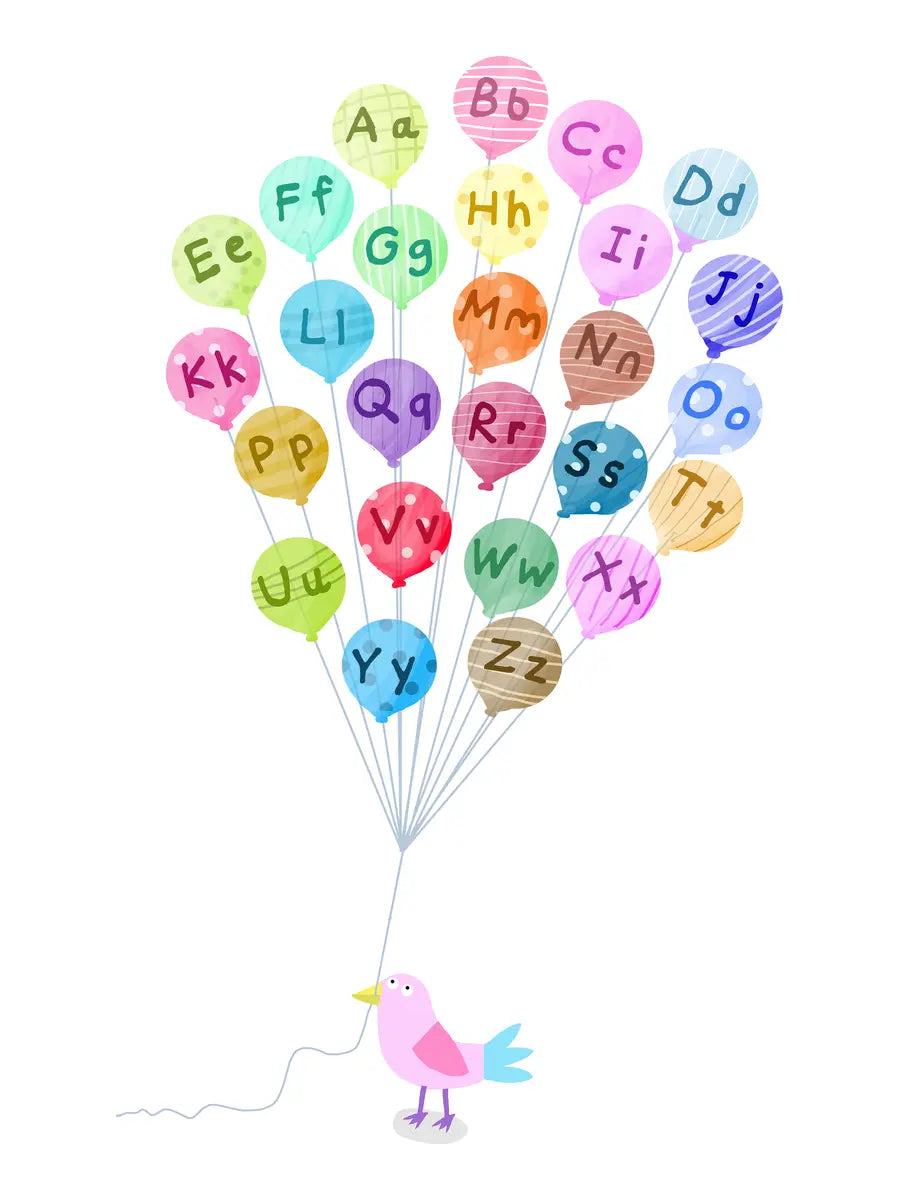 Poster mit bunten Ballons, die das Alphabet zeigen, gehalten von einem rosa Vogel.
