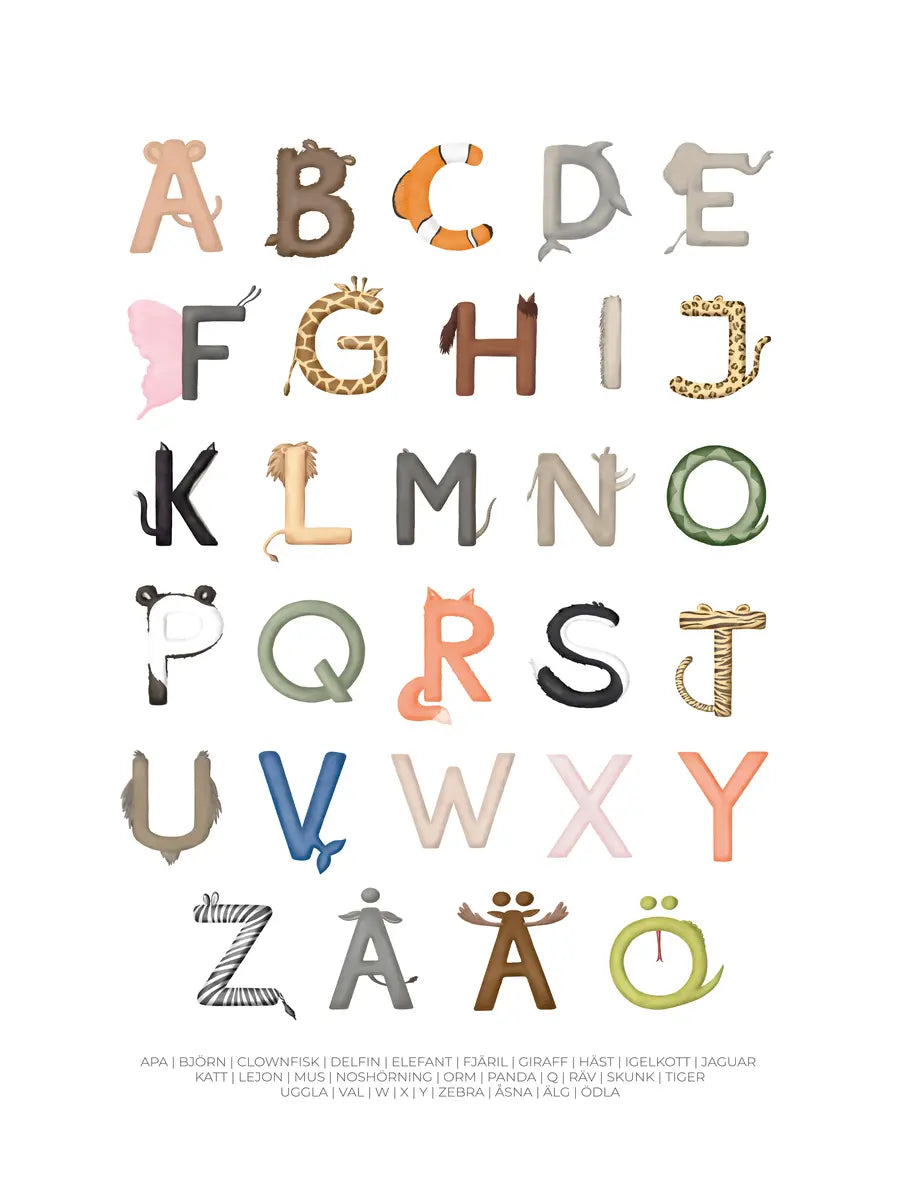 Poster mit dem Alphabet, wobei jeder Buchstabe durch ein Tier dargestellt wird.