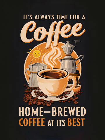 Poster mit dampfender Kaffeetasse, umgeben von Kaffeebohnen und Kaffeekannen, mit Text "It's always time for a coffee".