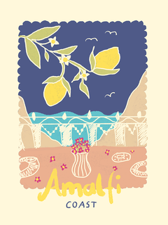 Grafische Illustration von Zitronen und der Amalfiküste im Hintergrund.