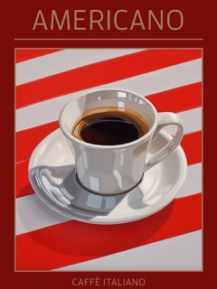 Illustration einer Tasse Americano auf einem rot-weiß gestreiften Tisch mit Text "Americano" und "Caffè Italiano".