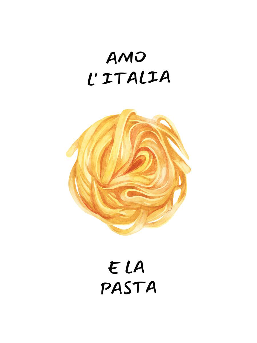 Typografie-Poster mit dem Text „Amo l'Italia e la pasta“ und einer Pasta-Illustration in der Mitte.