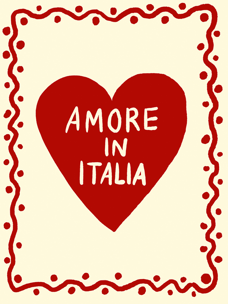 Rotes Herz mit dem Text "Amore in Italia" auf hellbeigem Hintergrund, umrahmt von einer roten, wellenförmigen Linie.