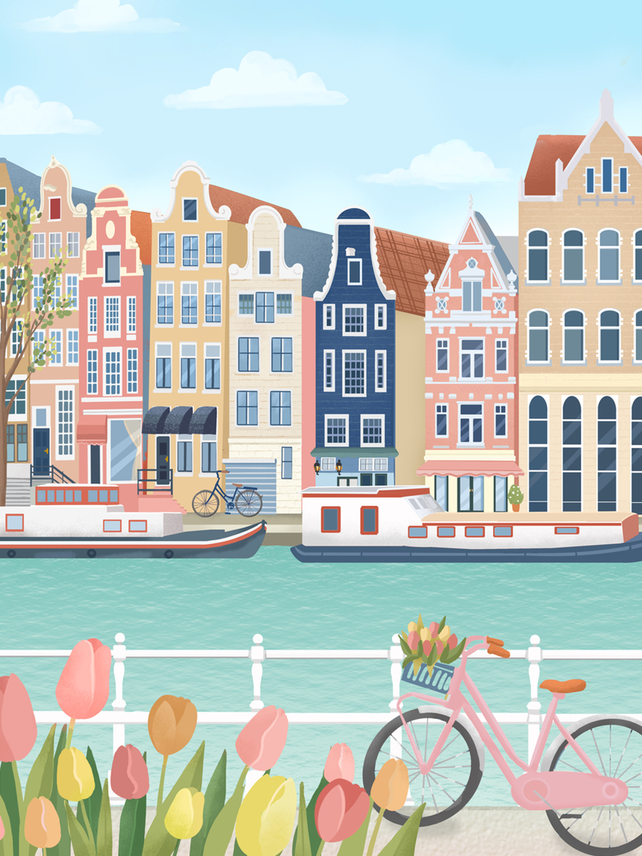 Illustration von Amsterdams Grachten mit bunten Häusern, Tulpen und einem Fahrrad im Vordergrund.