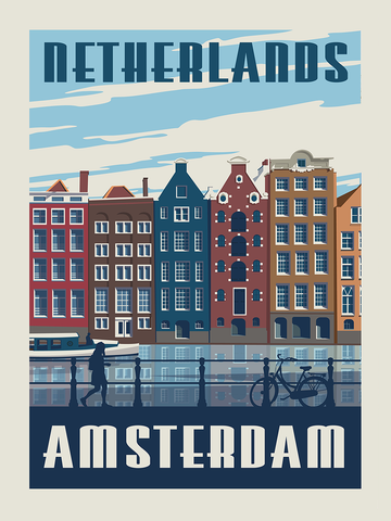 Illustration von Amsterdams schmalen Häusern und Kanälen mit den Wörtern "Netherlands" und "Amsterdam".
