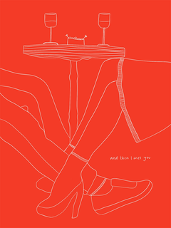 Illustration eines Paares auf einem Date mit Tisch und Weingläsern, Text "And then I met you" in Weiß auf Rot.