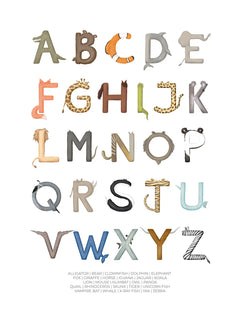 Poster mit Alphabet, bei dem jeder Buchstabe durch ein Tier dargestellt wird.