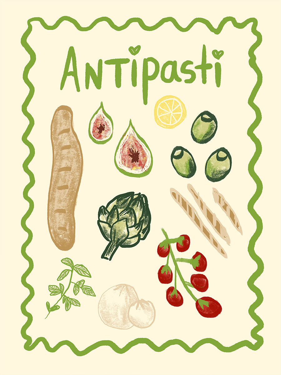 Illustration von Antipasti-Zutaten wie Baguette, Feigen, Oliven und Tomaten auf beigem Hintergrund.