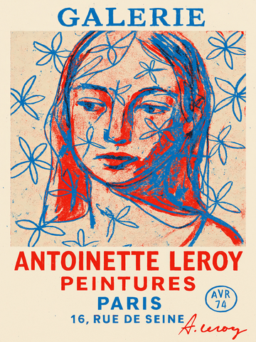 Poster mit rotem Porträt und blauen Blumen, das eine Galerieausstellung in Paris ankündigt.