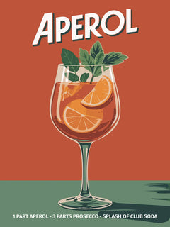 Illustration eines Aperol Spritz Rezepts mit einem Glas Aperol, Prosecco und Club Soda.