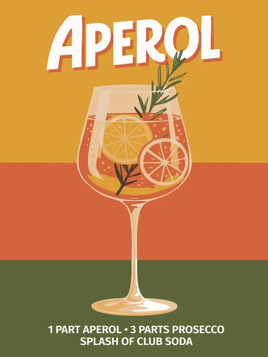 Grafische Illustration eines Aperol Spritz auf einem gestreiften Hintergrund in Orange, Rot und Grün.