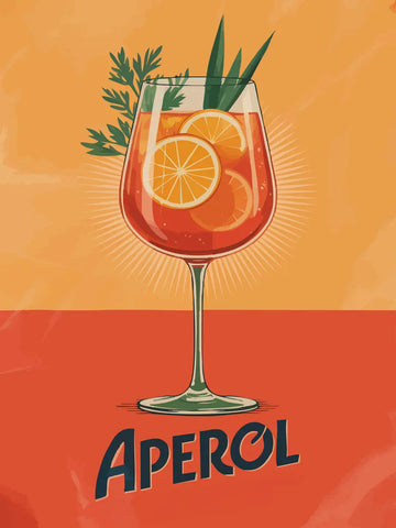 Grafische Illustration eines Aperol Spritz mit Orangenscheiben und grünem Garnier, Schriftzug "Aperol" in Schwarz.