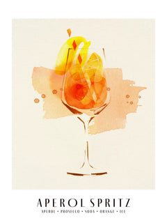 Illustration eines Aperol Spritz Cocktails in Orangen- und Gelbtönen mit Text darunter.