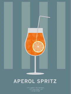 Grafische Illustration eines Aperol Spritz in einem Weinglas mit Orangenscheibe und Strohhalm vor einem graublauen Hintergrund mit Streifen.