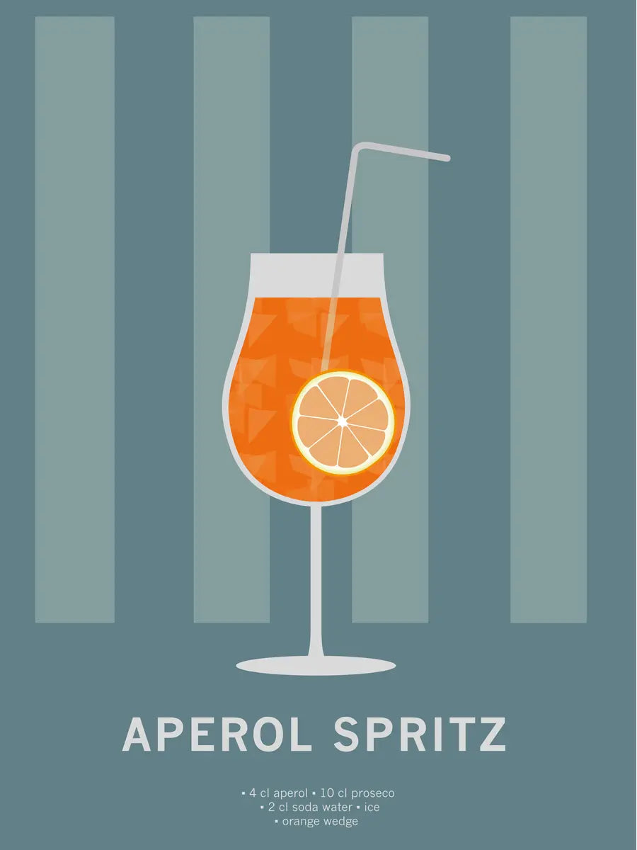 Grafische Illustration eines Aperol Spritz in einem Weinglas mit Orangenscheibe und Strohhalm vor einem graublauen Hintergrund mit Streifen.