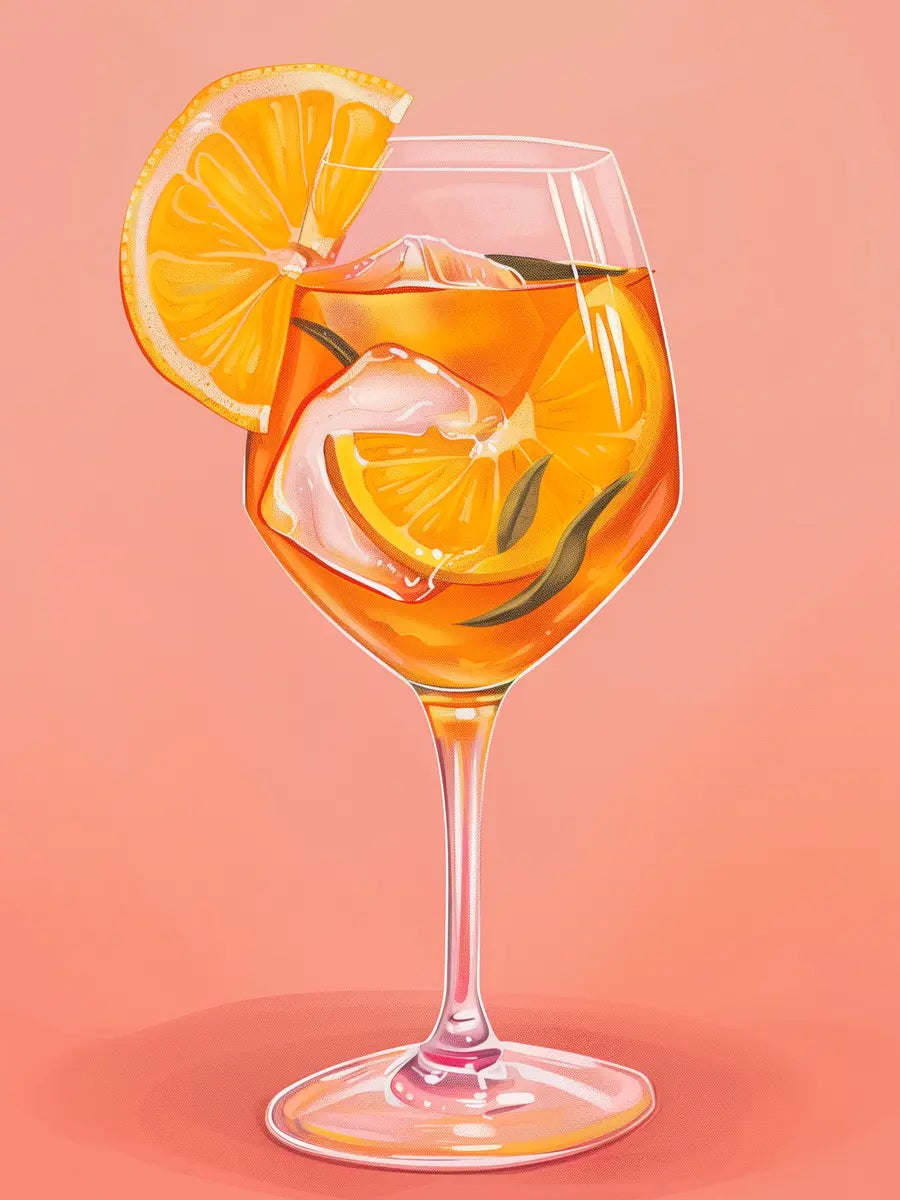 Illustration eines Aperol Spritz in einem Glas mit Orangenscheiben und Eiswürfeln auf rosa Hintergrund.