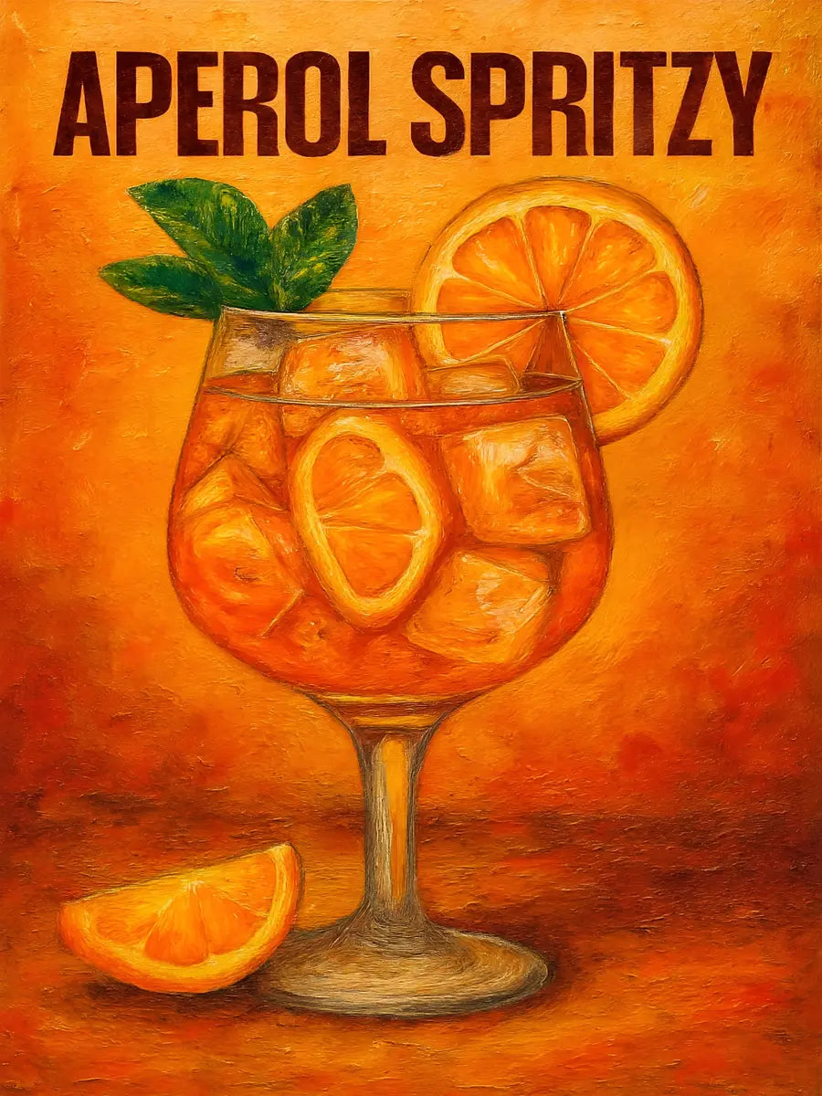 Illustration eines Aperol Spritz in einem Glas mit Orangenscheiben und Eiswürfeln vor einem orangefarbenen Hintergrund.