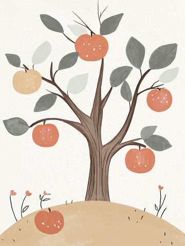 Illustration eines Apfelbaums mit roten und gelben Äpfeln auf einem Hügel mit Blumen.