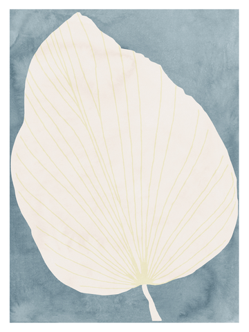 Illustration eines hellen Blattes auf blauem Aquarellhintergrund.