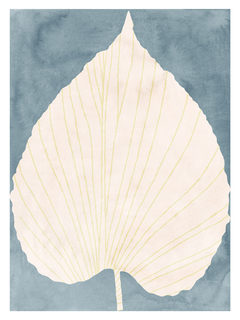 Grafische Illustration eines hellen Blattes mit gelben Adern auf blauem Hintergrund.
