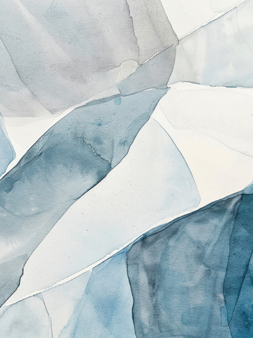 Aquarell-Illustration mit abstrakten Formen in Blau und Weiß.