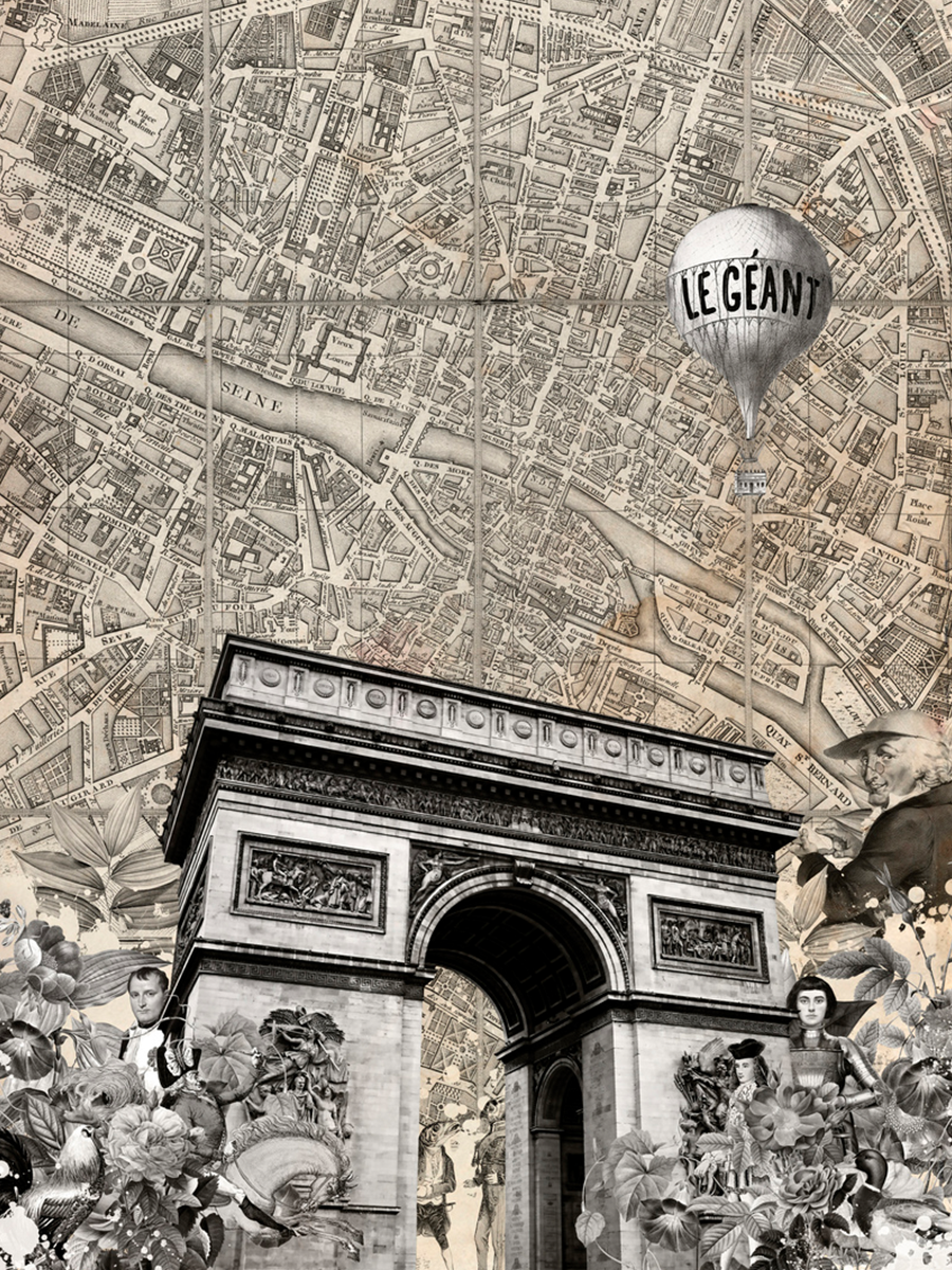 Collage mit dem Arc de Triomphe und einer alten Karte von Paris.