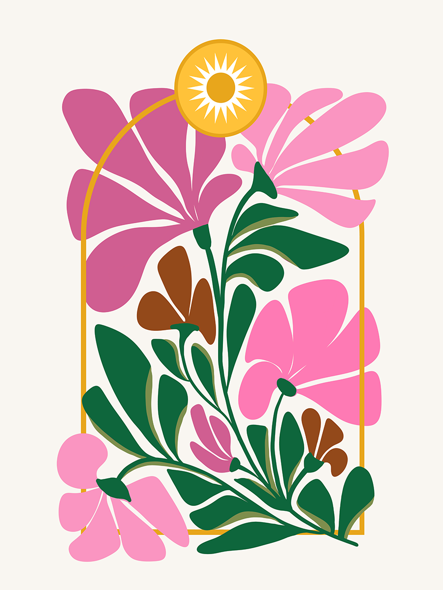 Illustration von rosa Blumen mit einer goldenen Sonne auf weißem Hintergrund.