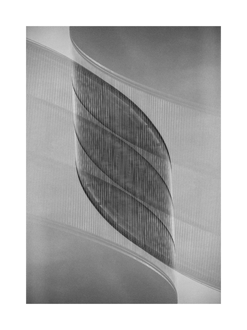 Schwarz-weißes Poster mit architektonischen, geschwungenen Linien und Formen.