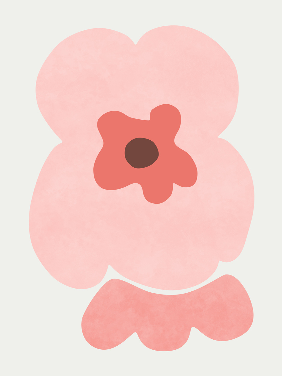 Grafische Illustration einer rosa und roten Blume mit abstrakten Blütenblättern auf hellgrauem Hintergrund.