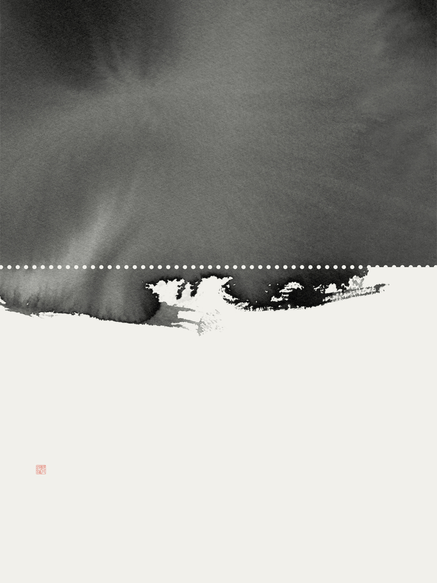 Abstrakte Darstellung mit dunklem, wolkenartigem Muster und weißen Punkten auf hellem Hintergrund.