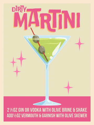 Illustration eines Dirty Martini Cocktails mit Rezept auf beigem Hintergrund und rosa Details.